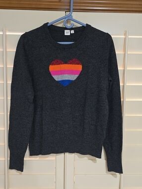 GAP Charcoal Crewneck Sweater with Multicolor Heart